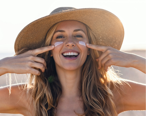 laughung Person using sun blocker om cheek